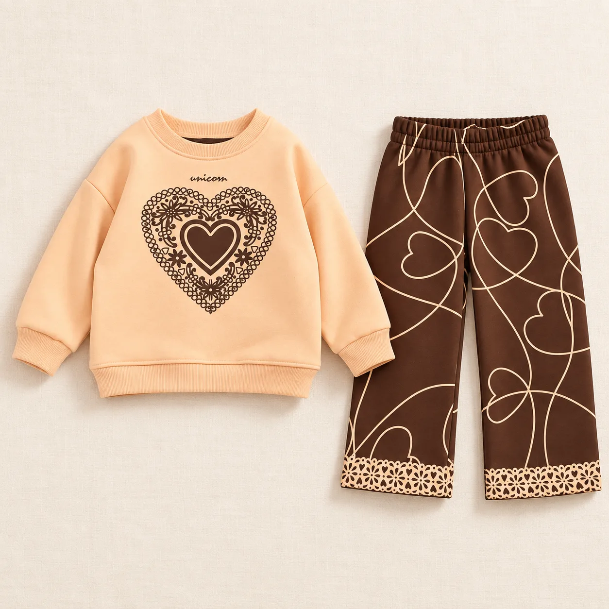 Kalp Desenli Sweatshirt & Pantolon Kız Çocuk Takım