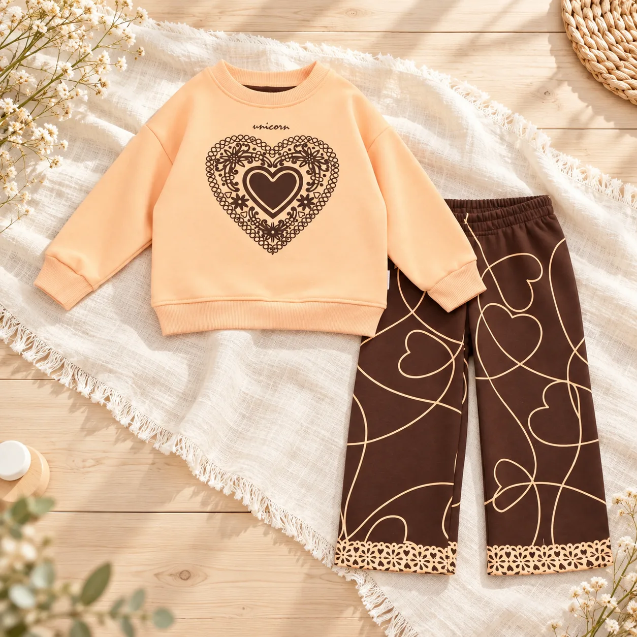 Kalp Desenli Sweatshirt & Pantolon Kız Çocuk Takım