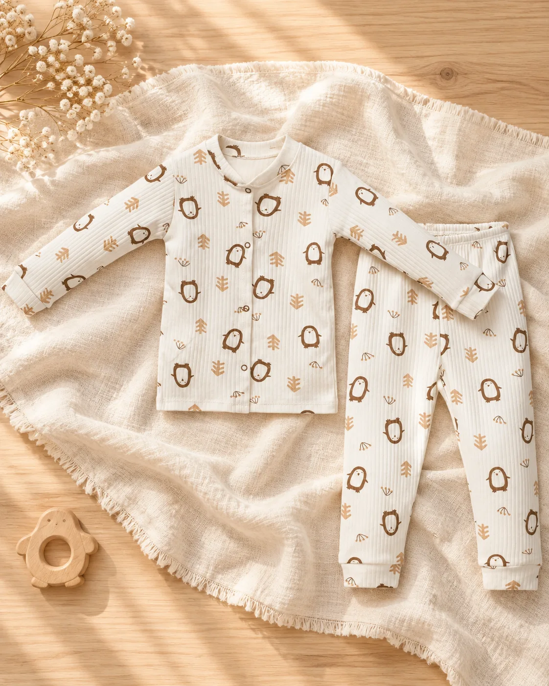 Penguen Desenli Önden Çıtçıtlı Unisex Bebek Takım