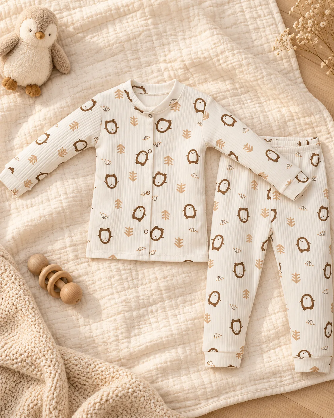 Penguen Desenli Önden Çıtçıtlı Unisex Bebek Takım