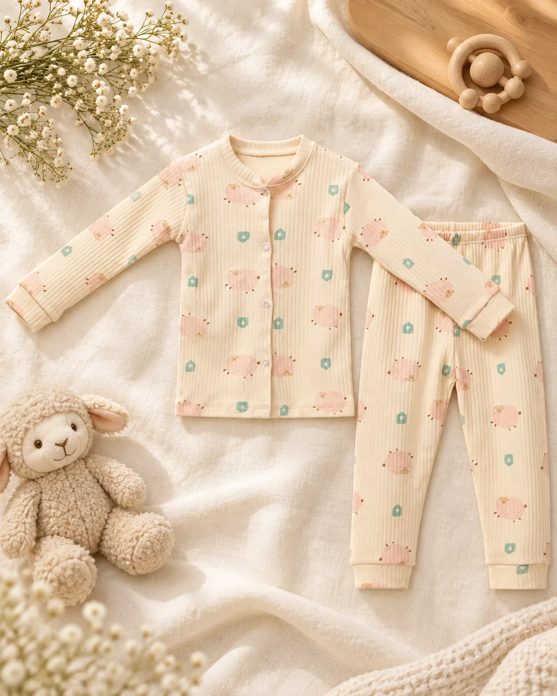 Kuzu Desenli Önden Çıtçıtlı Unisex Bebek Takım