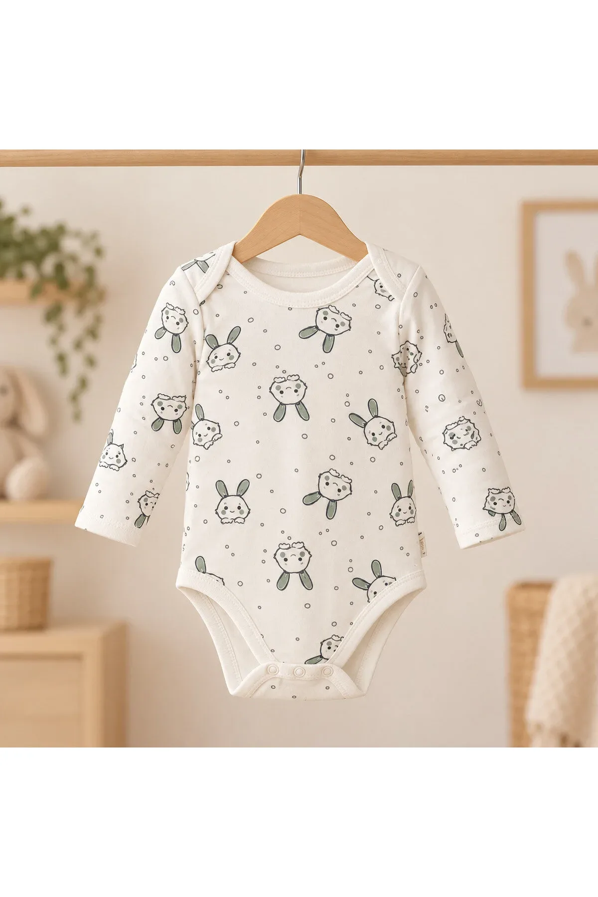 Unisex Bebek Tavşan Desenli Uzun Kollu Çıtçıtlı Body Zıbın