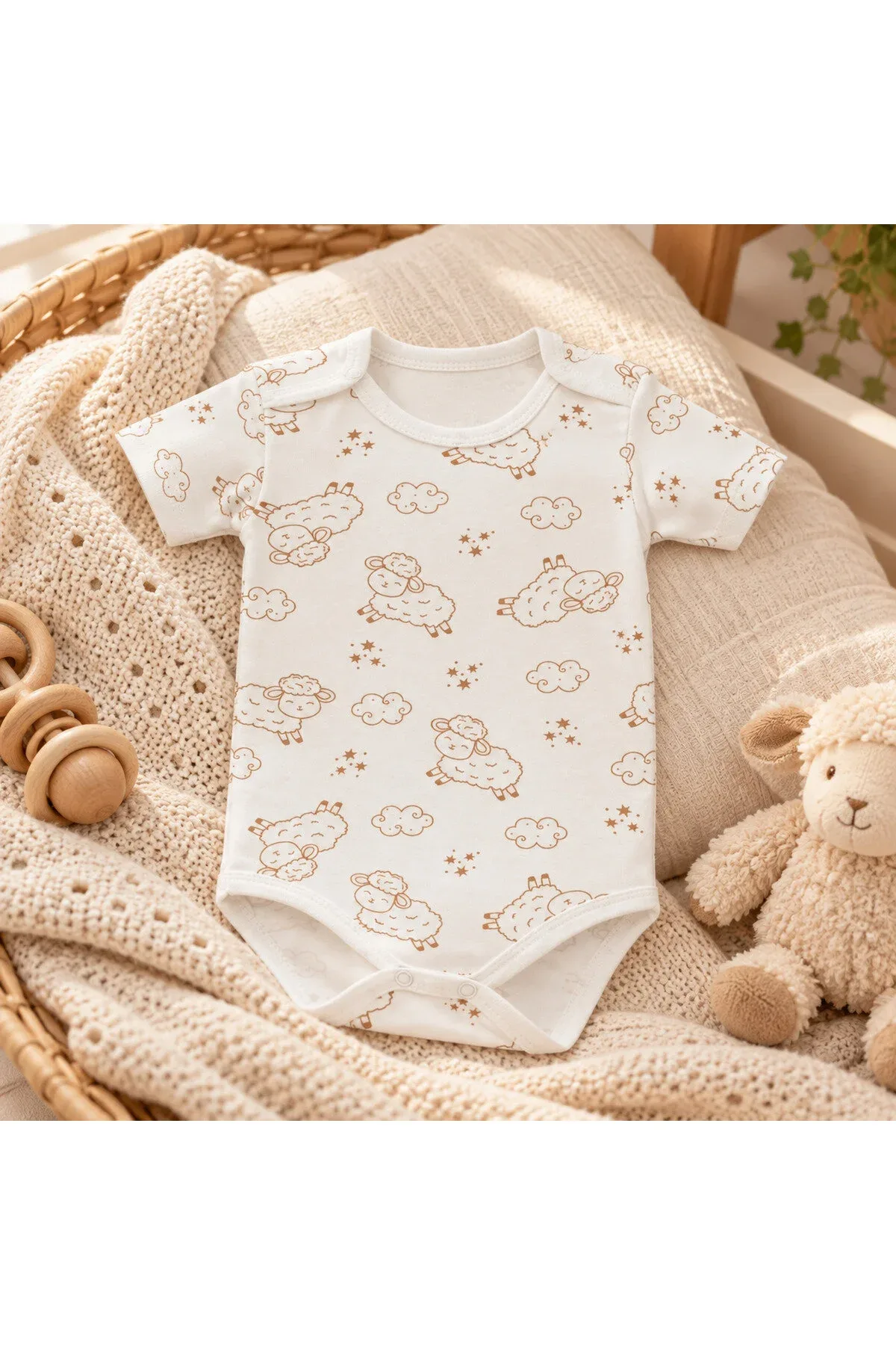 Unisex Bebek Kuzu Desenli %100 Pamuk Kısa Kollu Çıtçıtlı Body Zıbın