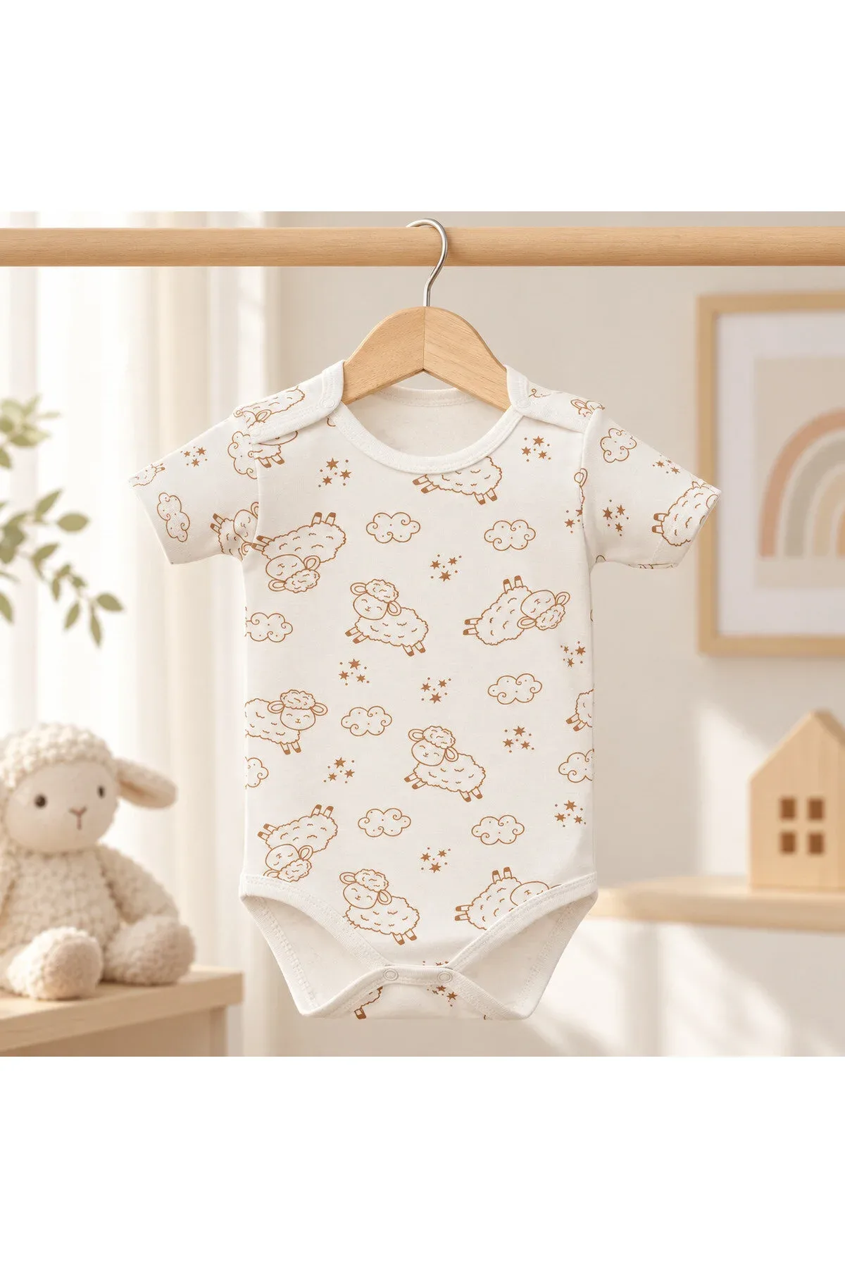 Unisex Bebek Kuzu Desenli %100 Pamuk Kısa Kollu Çıtçıtlı Body Zıbın