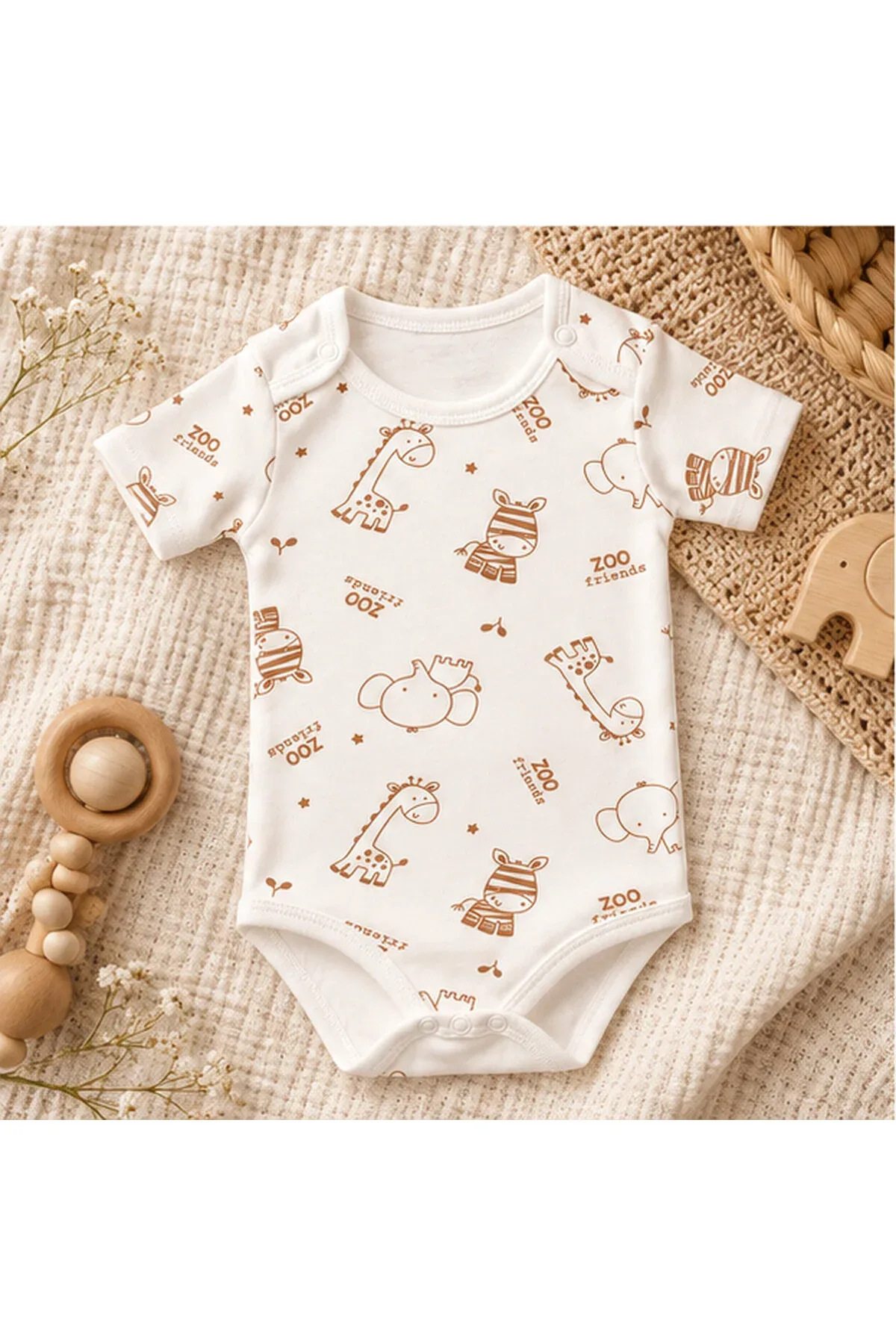 Unisex Bebek Safari Hayvan Desenli %100 Pamuk Kısa Kollu Çıtçıtlı Body Zıbın