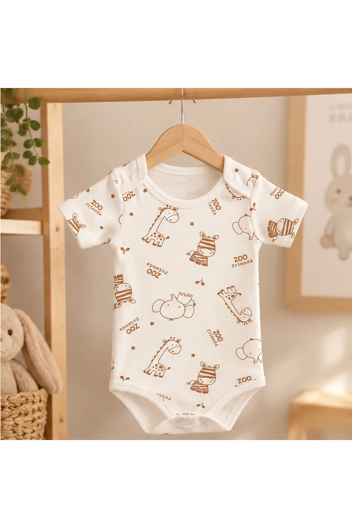 Unisex Bebek Safari Hayvan Desenli %100 Pamuk Kısa Kollu Çıtçıtlı Body Zıbın